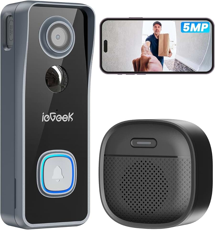 ieGeek 5MP Sonnette sans Fil Exterieur Etanche, sans ABO Sonnette Vidéo | 2,5K-HD, Compatible Alexa, Audio bidirectionnel, Détecteur de mouvement, IP65, Vision Nocturne, Stockage local, WIFI 2,4GHz Global Recycled Standard