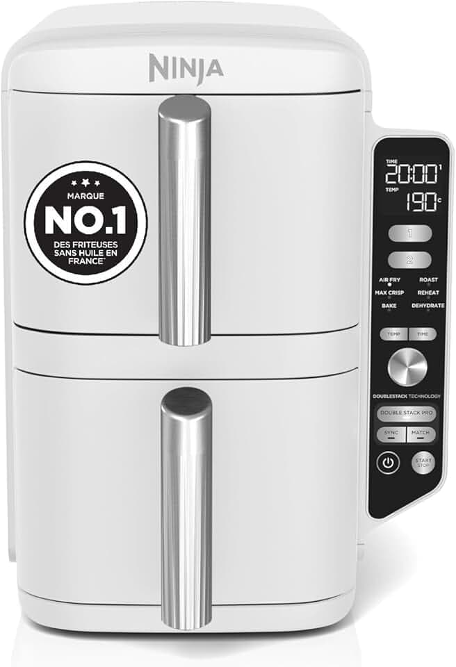 Ninja Double Stack XL Air Fryer, Friteuse sans huile Verticale SL400EUWH | Double Tiroir, 4 Niveaux de Cuisson, 2 Tiroirs, 2 Grilles, Capacité de 9,5 L, 6 Fonctions, 8 Portions, Pinces, Blanc