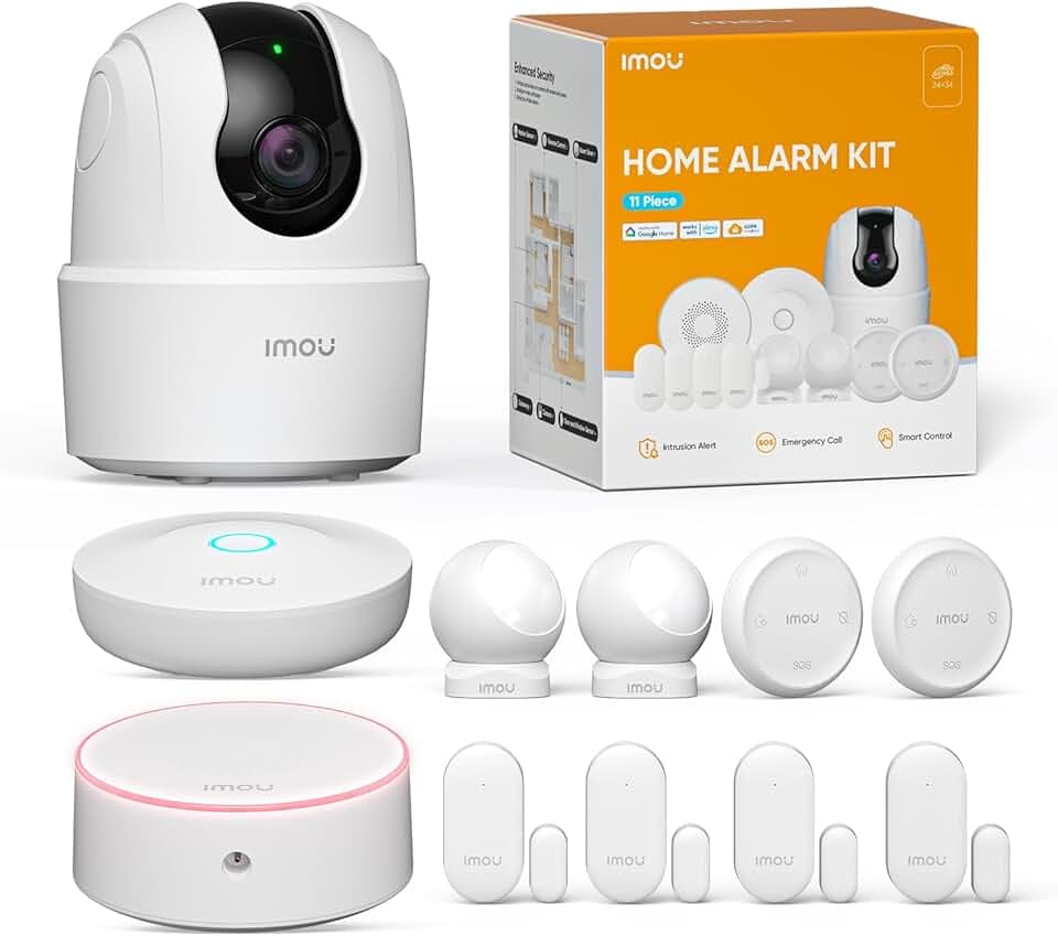 Imou Kit d'Alarme Maison 11 Pièces, Système de Sécurité Complet | Sirène/Projecteur 100 DB, 1 Caméra Intérieure WiFi, 2 Télécommandes, 4 Capteurs Porte/Fenêtre, 2 Détecteurs de Mouvement