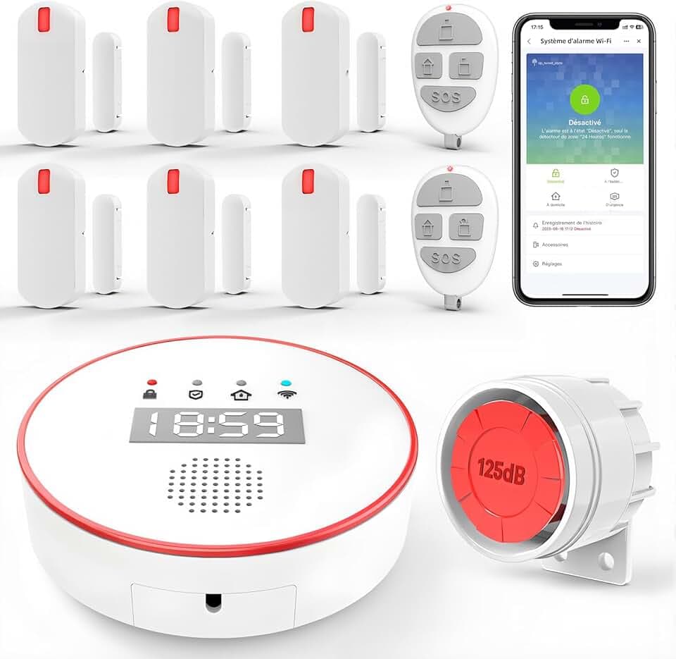 YISEELE Alarme Maison sans Fil: système de sécurité Wi-FI 5 GHz avec Horloge - 1 Sirène 125dB - 6 Capteurs Porte/Fenêtre - 2 Télécommandes - 1 Hub - Compatible Alexa & Google Home Global Recycled Standard