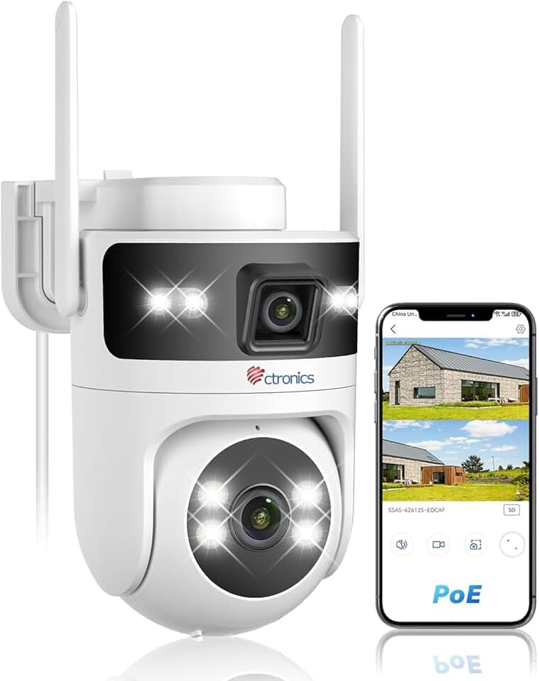 Ctronics PoE Caméra Surveillance WiFi Extérieure [Double Objectif], 2.4/5GHz WiFi Caméra, PTZ Camera IP, Détection Humain & Suivi Automatique, Vision Nocturne Couleur, PC/Cloud/TF, IP66