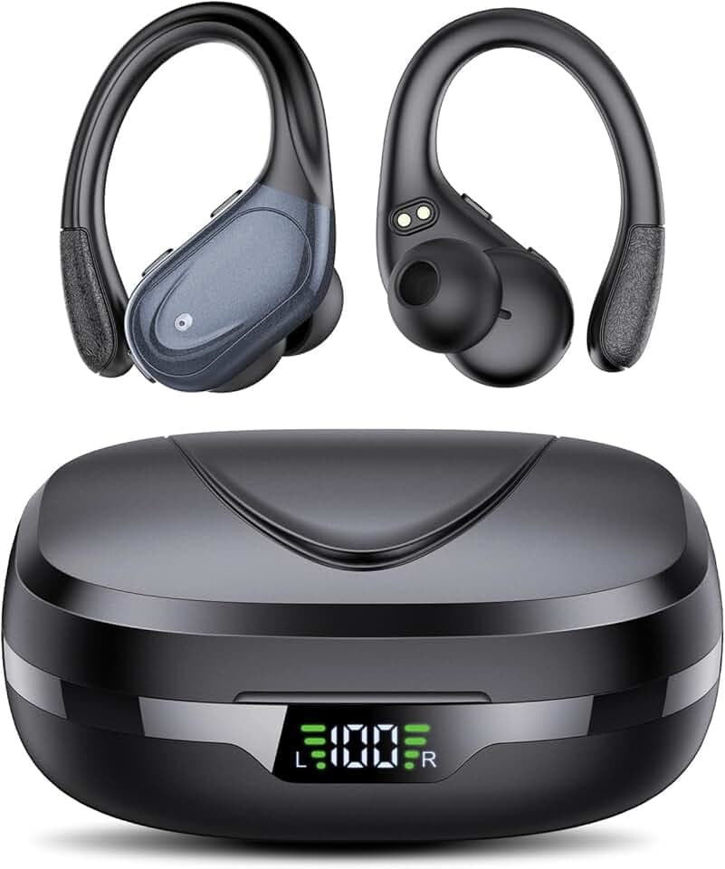 Ecouteurs Bluetooth sans Fil Sport, 60H Casque Bluetooth 5.3 avec CVC8.0 Antibruit, Ecouteurs sans Fil avec 4 ENC Mic, IPX7 Étanche Oreillette Bluetooth, Écouteurs Bluetooth pour Running Noir Certifié ClimatePartner
