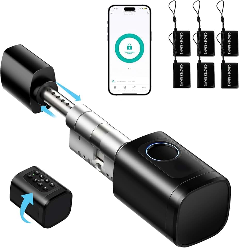 Serrure connectée, serrure électronique à empreinte digitale, longueur réglable Smart Lock, serrure électronique avec carte RFID, application, WiFi, Bluetooth, 60–90mm, accessoires de rallonge,noir