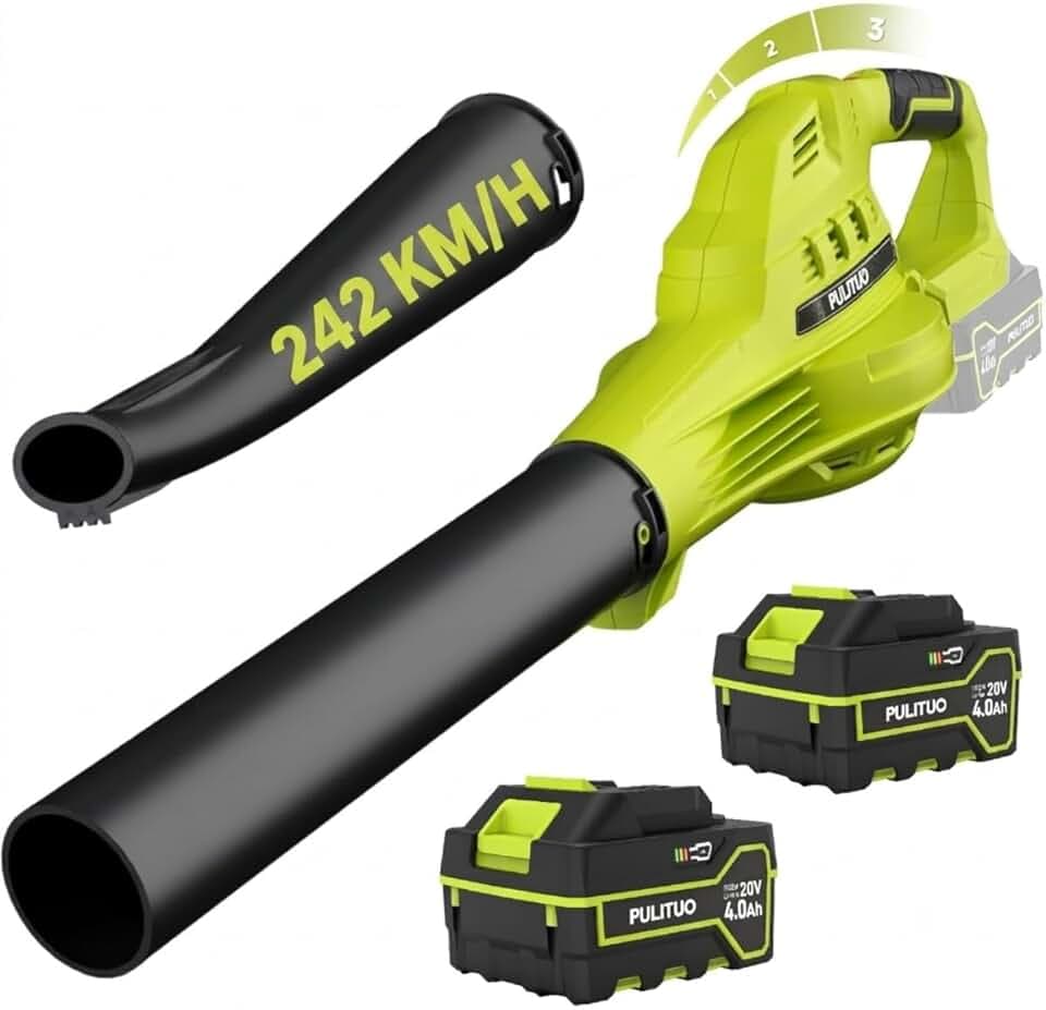 Souffleur de Feuilles sans Fil avec 2 Batteries 4000 mAh et Chargeur, 242 km/h, Souffleur Batterie Léger, 3 Vitesses Réglables, Souffleur Électrique Compact pour Feuilles, Poussière, Jardin et Maison