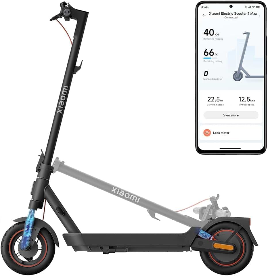 Xiaomi Electric Scooter 5 Max, Double Suspension Avancée, 60km Autonomie | Hydraulique-Ressort Avant & Double Ressort Arrière, Pneus 10" Tubeless, Moteur 1000W Max, Pente 22%