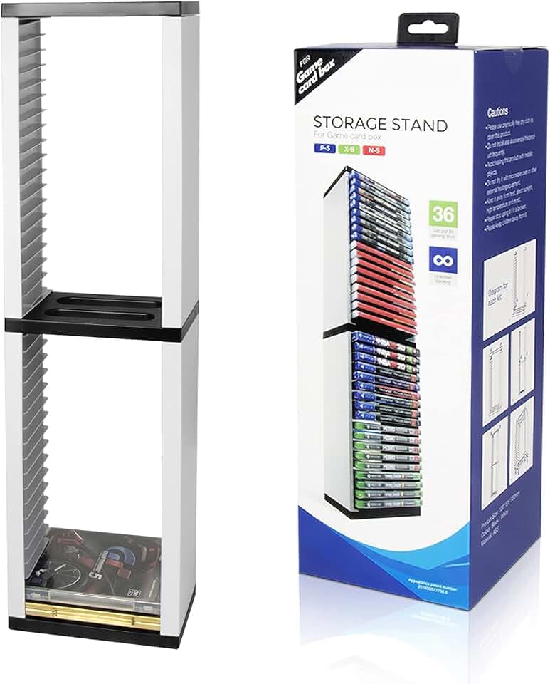 Support PS5 pour Jeux Disques,Tour de Rangement 36 Places,Support Universel | Porte-Jeux Video Organisateur avec Espace pour Manettes, Étagère de Bureau Noire Compatible PS5/PS4/Xbox