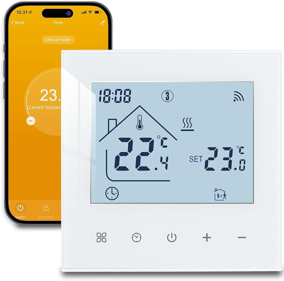 Beok Thermostat Connecté WiFi pour Chauffage au Sol Électrique,Thermostat d'Ambiance Intelligent Thermostats Programmable avec Capteur Externe Compatible Alexa Google Home 16A,Blanc