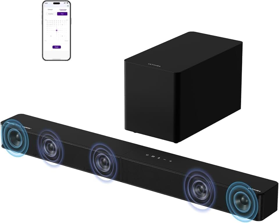 ULTIMEA 5.1ch Barre de Son TV avec Dolby Atmos, Système Audio Surround Home Cinéma, Barre de Son avec Caisson de Basses pour TV, 340W, Basses Réglables, App, Bluetooth 5.4, Poseidon M60 Boom