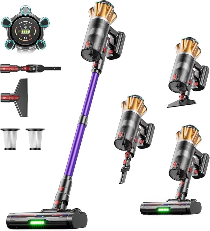 Aspirateur Balai sans Fil 55KPa 650W 70 Min, 1,8L Aspirateur sans Fil Puissant, Autoportant, Écran LED, Brosse Anti-Enchevêtrement, Pastille Parfumée, Poils d’Animaux Sols Durs Tapis Voiture