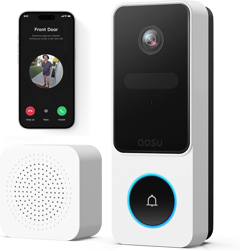 aosu 2K Sonnette sans Fil avec Camera, Grand Angle 170°, Détection de Colis | Détection Humaine PIR pour Porte d'Entrée, Audio Bidirectionnel, Vision Nocturne, Wi-Fi 2,4GHz, IP65, Compatible avec Alexa