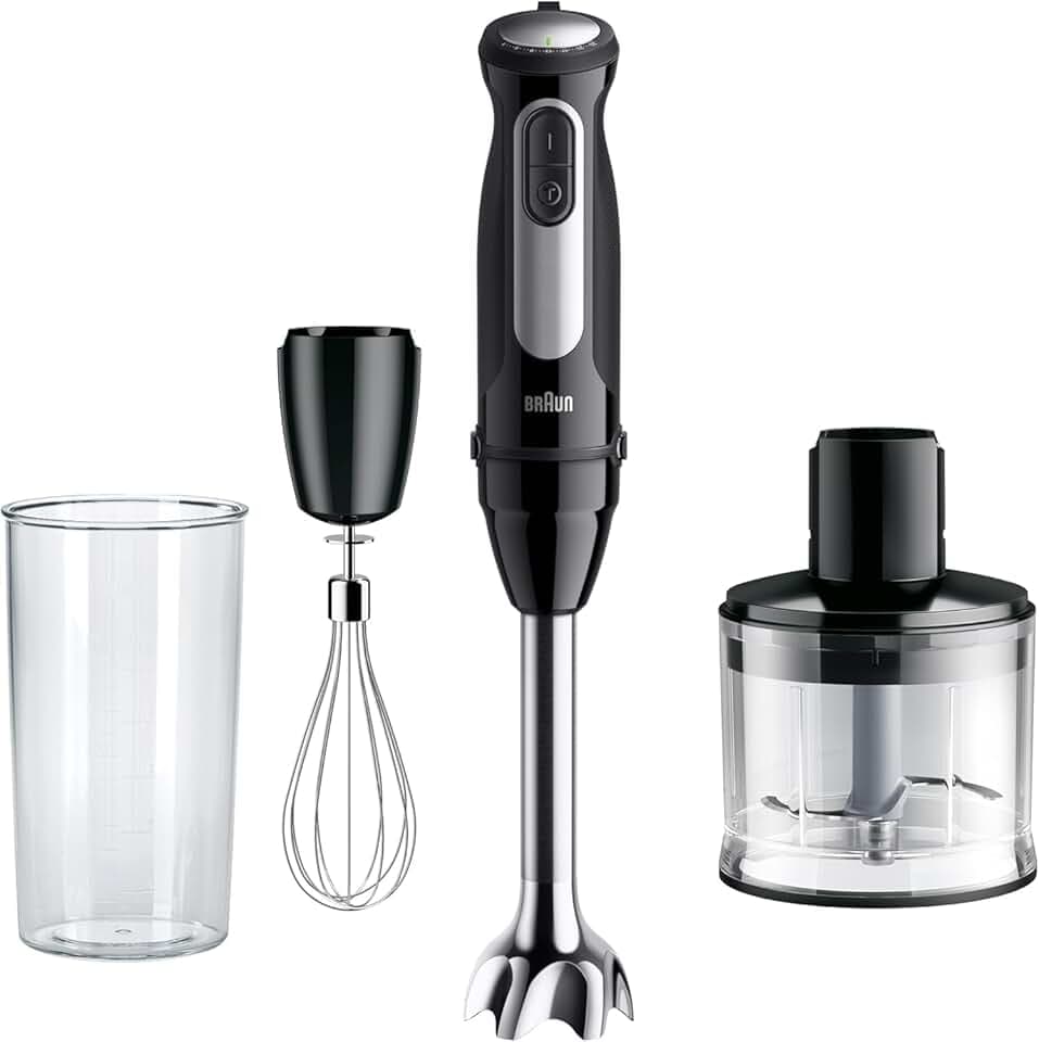 Braun MultiQuick 5 Pro - Mixeur Plongeant avec mini hachoir et Fouet pour Soupes, Smoothies et Purées Bébé, 25 Vitesses, Verre Doseur, 1000W, Noir (MQ55236M)
