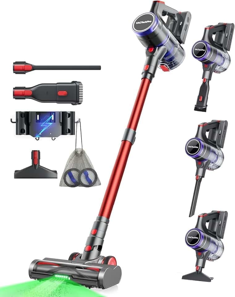 VACTechPro Aspirateur Balai sans Fil 55KPa/600W, 70Min d’Autonomie, Aspirateur sans Fil avec Réservoir à Poussière de 1.6L, Filtration à 8 Couches, Brosse à Sol Anti-Tangle, Violet et Rouge