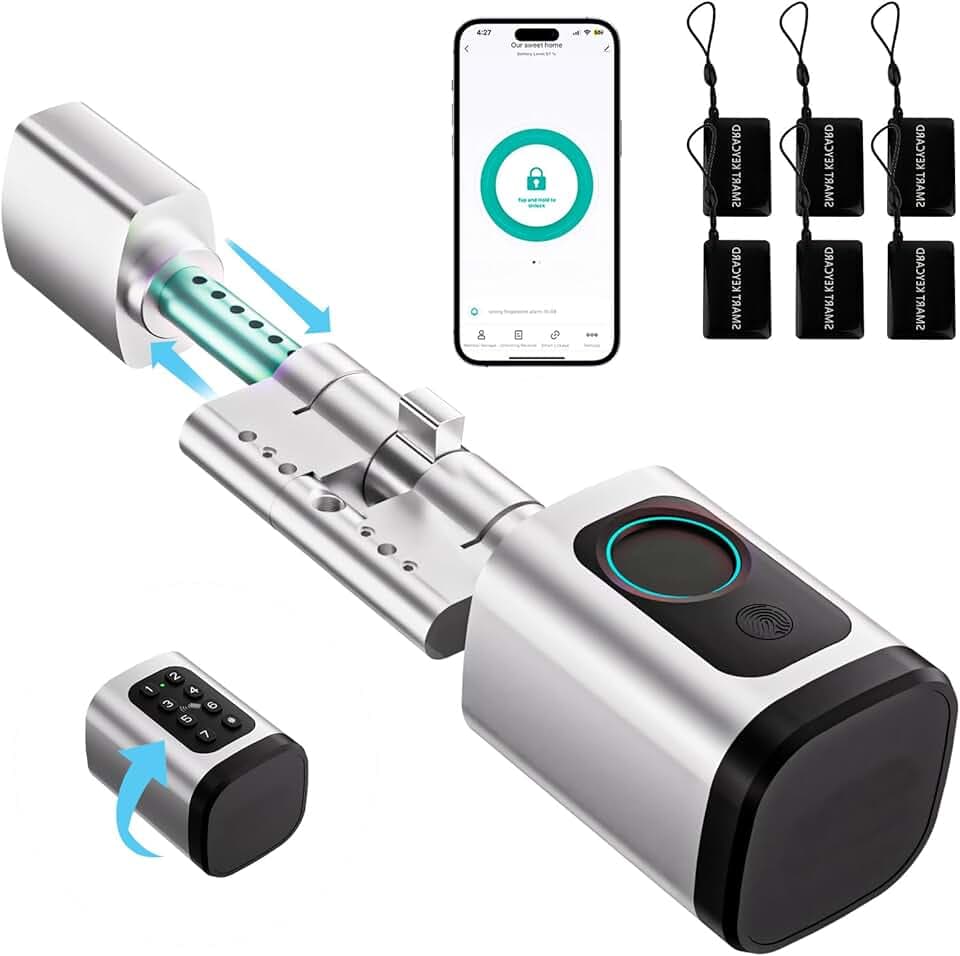 Serrure connectée, serrure électronique à empreinte digitale, longueur réglable Smart Lock, serrure électronique avec carte RFID, application, WiFi, Bluetooth, 60–90mm, accessoires de rallonge, argent