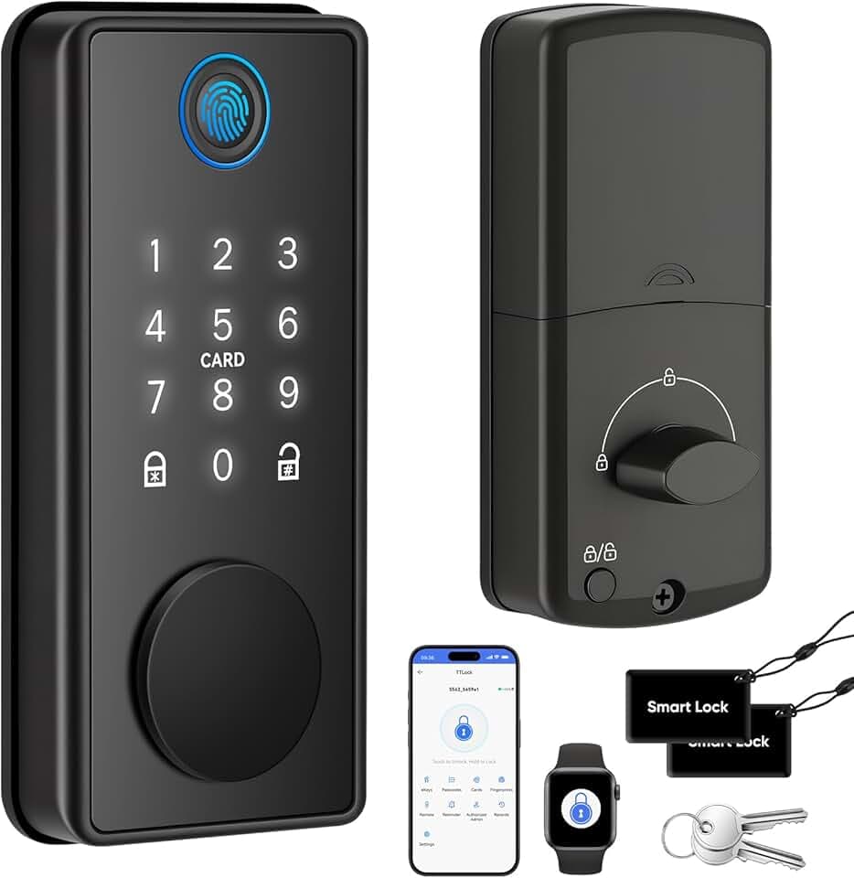 Serrure de Porte Intelligente d'empreintes Digitales, Sans Clé | Contrôle par App, Clavier Tactile, Compatible Apple Watch | Ouverture en 1 Touche | Pour Porte d'Entrée (Noir)