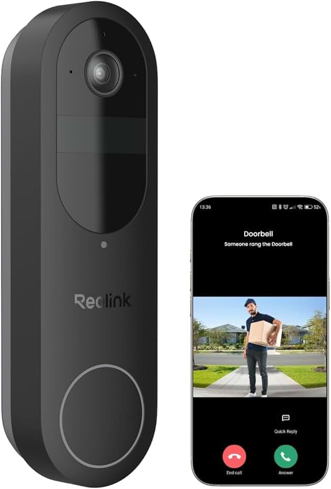 Reolink Caméra Sonnette 2K sans Fil avec Batterie, Wi-FI 2.4/5GHz, Vue tête-Pieds 1:1, détection des Personnes/véhicules/Colis, Pas de Frais mensuels, Audio bidirectionnel, Video Doorbell (Batterie)