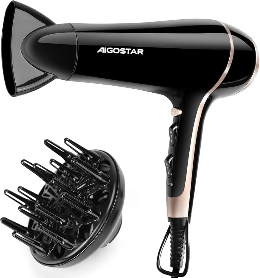 Aigostar Sèche-Cheveux Professionnel Ionique Puissant avec Diffuseur Boucle | 2400W Séchage Rapide & Coiffage Précis, Air Froid Fixateur, 3 Temp, 2 Vitesses, Crochet Mural, Parfait Salon & Maison