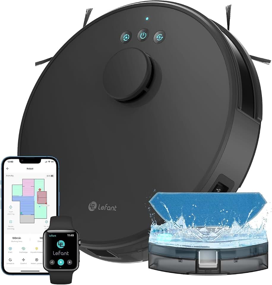 Lefant M1 Robot Aspirateur Laveur 2 en 1, 5500Pa, Navigation LiDAR, Cartographie Multi-étage, Zones Virtuelles, Connecté par Alexa/APP/WiFi, Idéal pour Poils d'animaux, Tapis et Sols Durs, Noir
