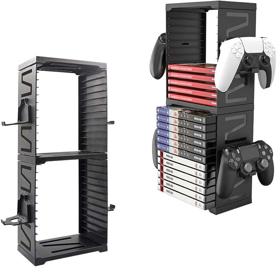 Feiuan Tour de Stockage de Jeu pour PS5 PS4, Couche Double Support de Rangement Stocke 24 Jeux ou disques Blu Ray,4 Support Casque et Manette pour PS4 Slim Pro, X-Box One Slim/X, NS Switch