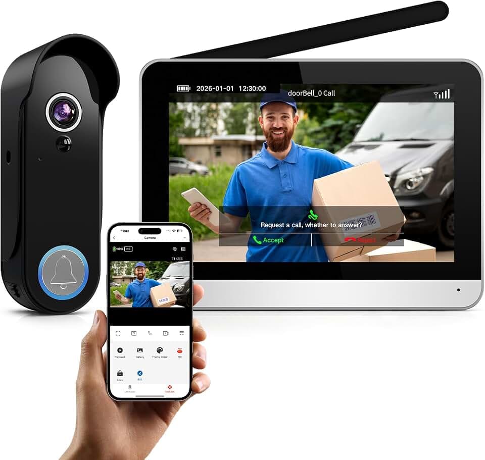 XPJ Interphone Vidéo Sonnette Sans Fil avec Camera et 7" Ecran Moniteur Visiophone Portier Connectée WiFi 1080P, Détection de Mouvement, Vision Nocturne, Audio Bidirectionnel, Stockage Local, Tuya APP