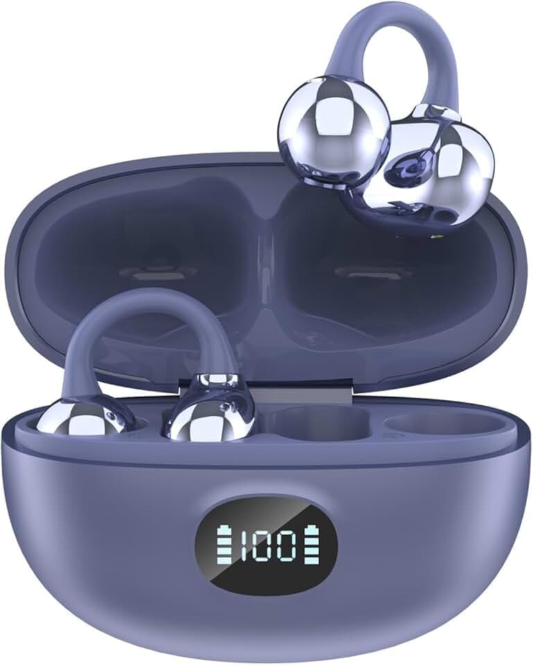 Écouteurs Bluetooth sans Fil, Open-Ear avec Clip, Léger et Stable Seulement 4.5g, Suppression du Bruit, iOS & Android, IP57, Affichage LED, pour Voyage/Deporte/Études/Running Sport