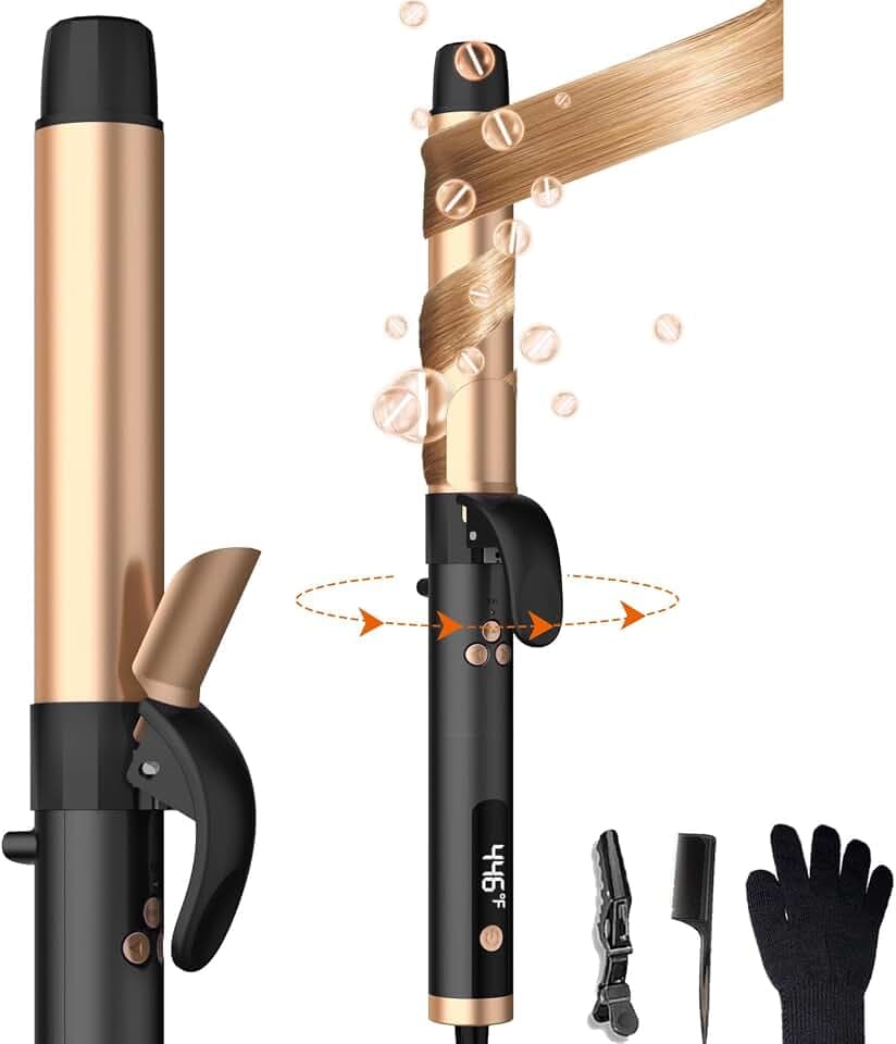 Boucleur a cheveux automatique fer à boucler rotatif pour cheveux longs, fer a friser avec écran LCD, large diamètre de 32 mm et rotation à 360°, 140-220 °C