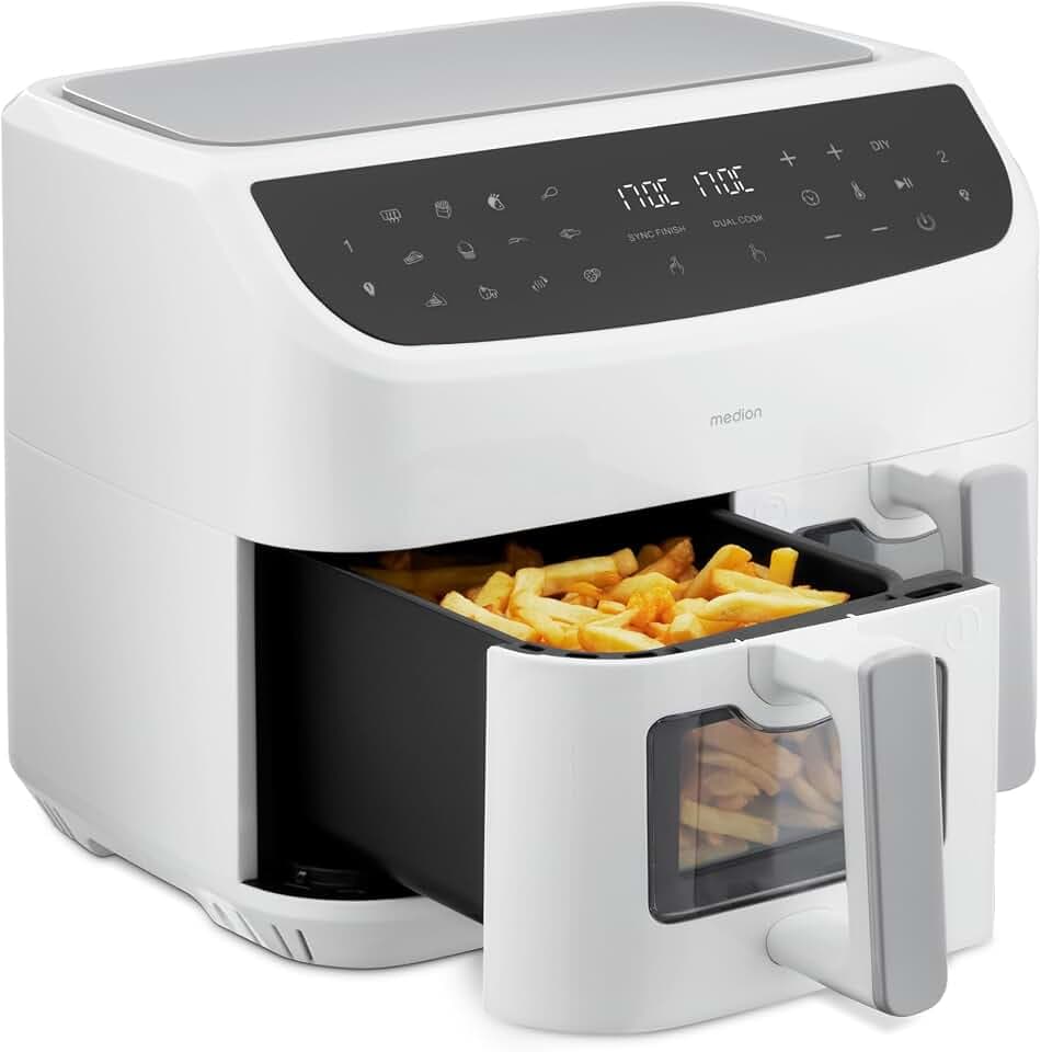 MEDION P20 XXL Friteuse à Air Chaud 2 Compartiments MD11760 Blanc | 8,7 L, 2600 W, 10 Programmes, 2 Tiroirs, Fenêtre, Air Fryer Double XXL