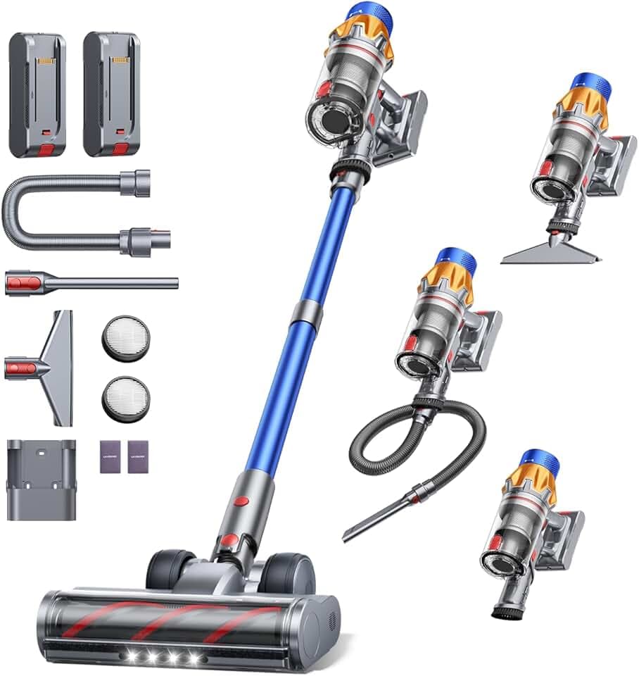 Fieety Aspirateur Balai sans Fil avec 2 Batteries, 130Min/50kPa/600W Aspirateur sans Fil Puissant, Tuyau Extensible, Brosse Canapé, Parfumé, Mode Automatique pour Sols Durs, Tapis, Animaux et Voiture