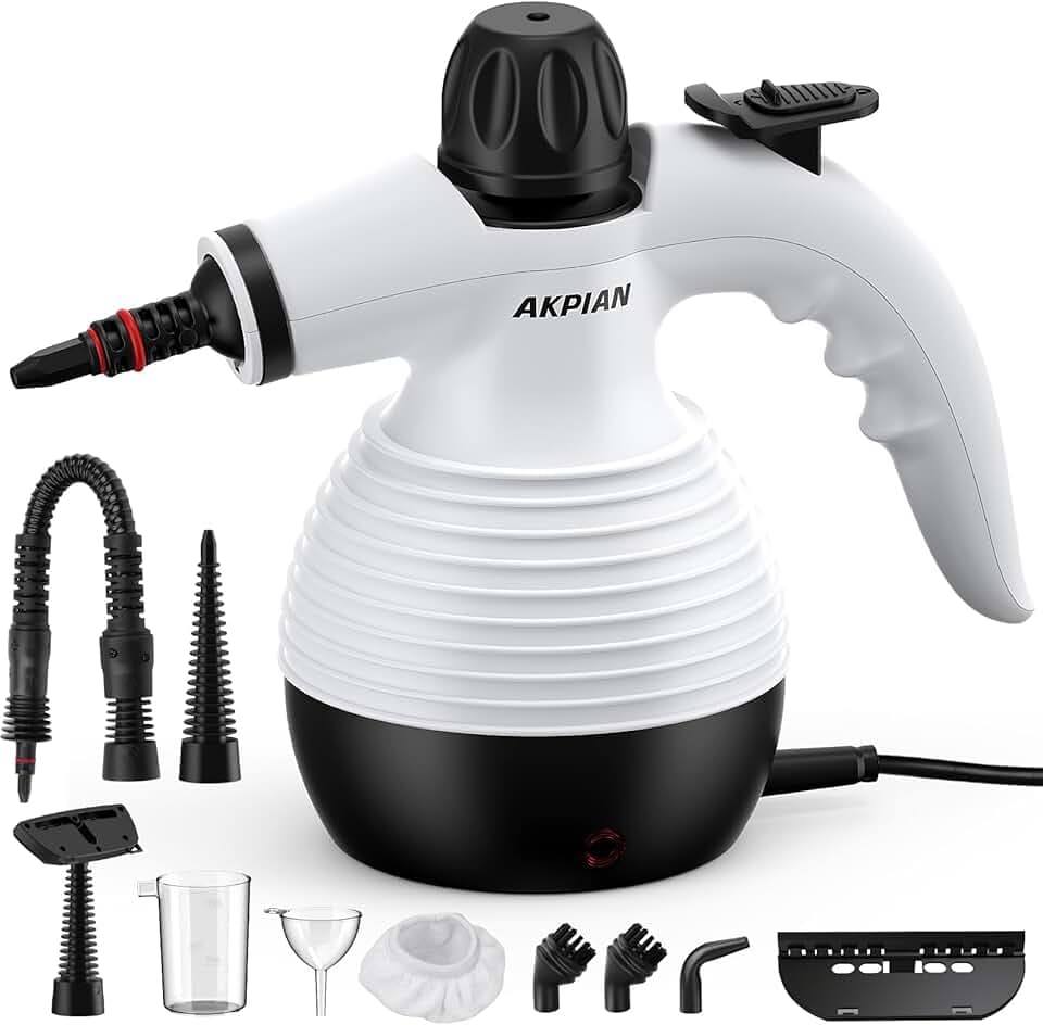 Nettoyeur vapeur à main, nettoyeur vapeur portable multifonction avec serrure de sécurité et kit d'accessoires de 10 pièces pour enlever la saleté, la graisse (blanc)