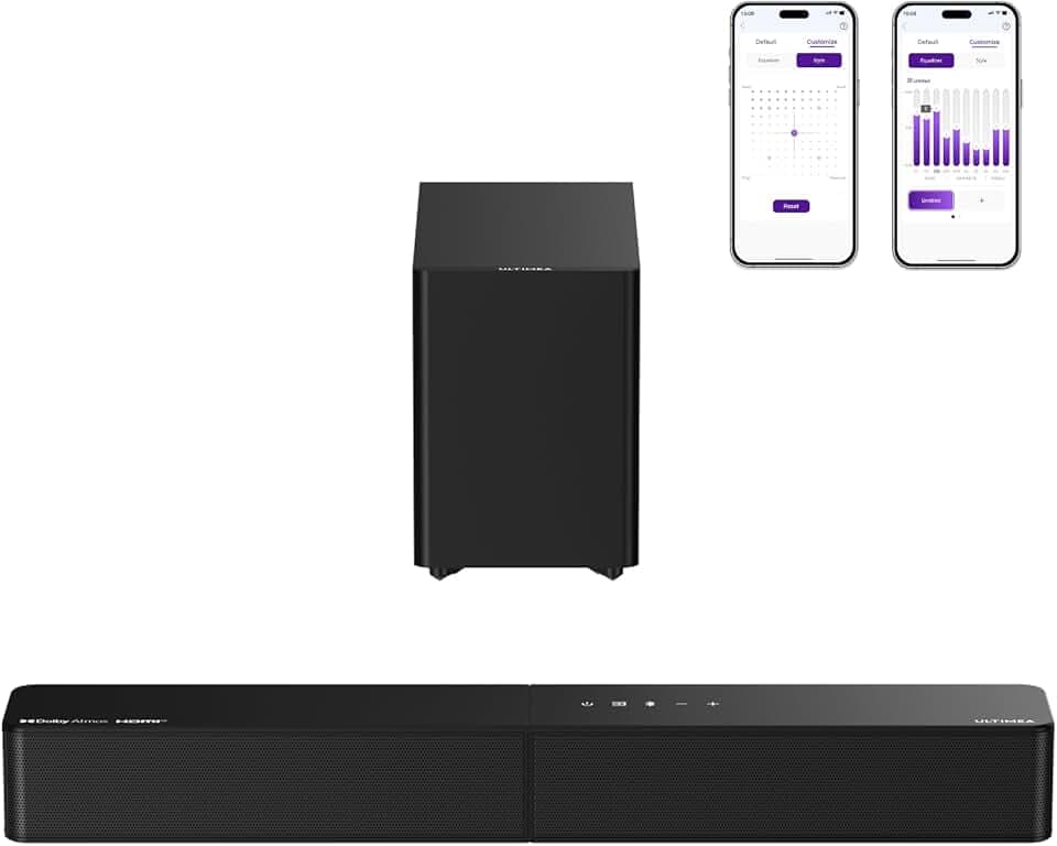 ULTIMEA 2.1 Barre de Son TV avec Caisson de Basses sans Fil, Dolby Atmos, VoiceMX, BassMX, Barre de Son 240W Puissance Max, App Contrôle, HDMI eARC, Optique, Bluetooth® 6.0, Poseidon M40, Modèle 2026