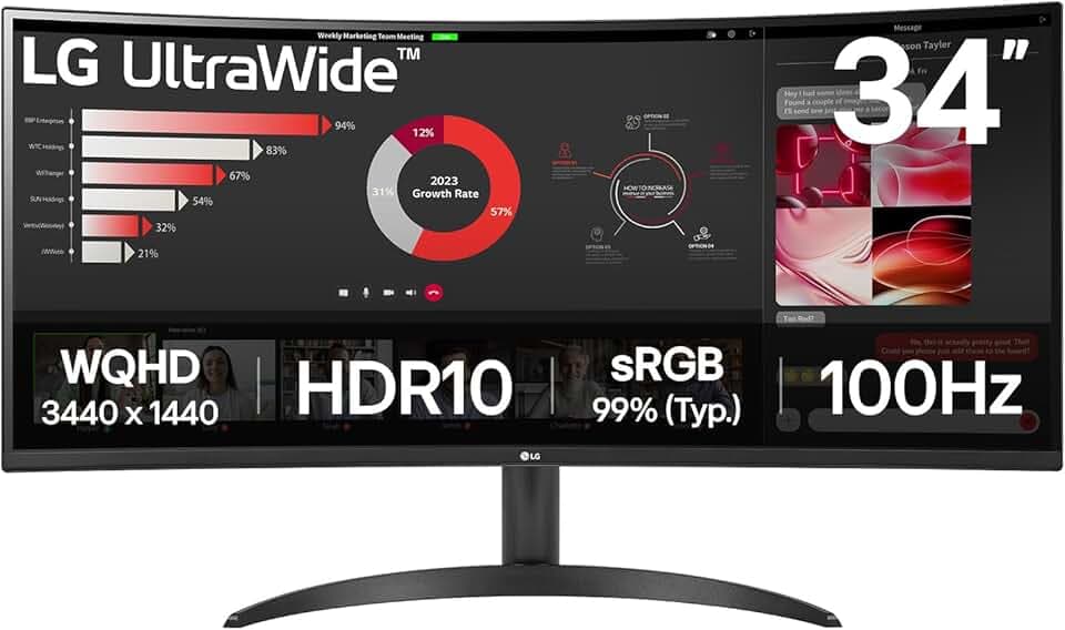LG UltraWide | Écran Bureautique VA 34" incurvé WQHD 21:9 | 34WR50QK-B | sRGB 99 % (Typ.), HDR 10 300cd/m² 100Hz 5ms HDMI 2.2 DP 1.4 Confort des yeux