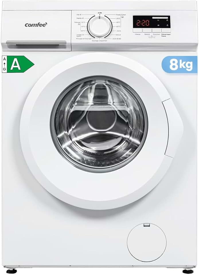 COMFEE' Lave-Linge 8KG Classe A Moteur BLDC 1400RPM Blanc CFE12EW80/W-FR | 15 Programmes, Prélavage, Lavage à La Lapeur, Lavage Rapide, Design Slim 48 cm, Frontal Machine à laver Étiquetage Énergétique