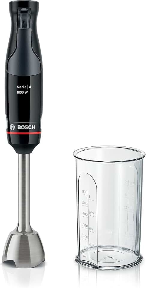 Bosch, mixeur plongeant, ErgoMaster Series 4, moteur 1000 watts refroidi par air, contrôle dynamique de la vitesse, couteau QuattroBlade Pro, accessoires inclus, MSM4B610