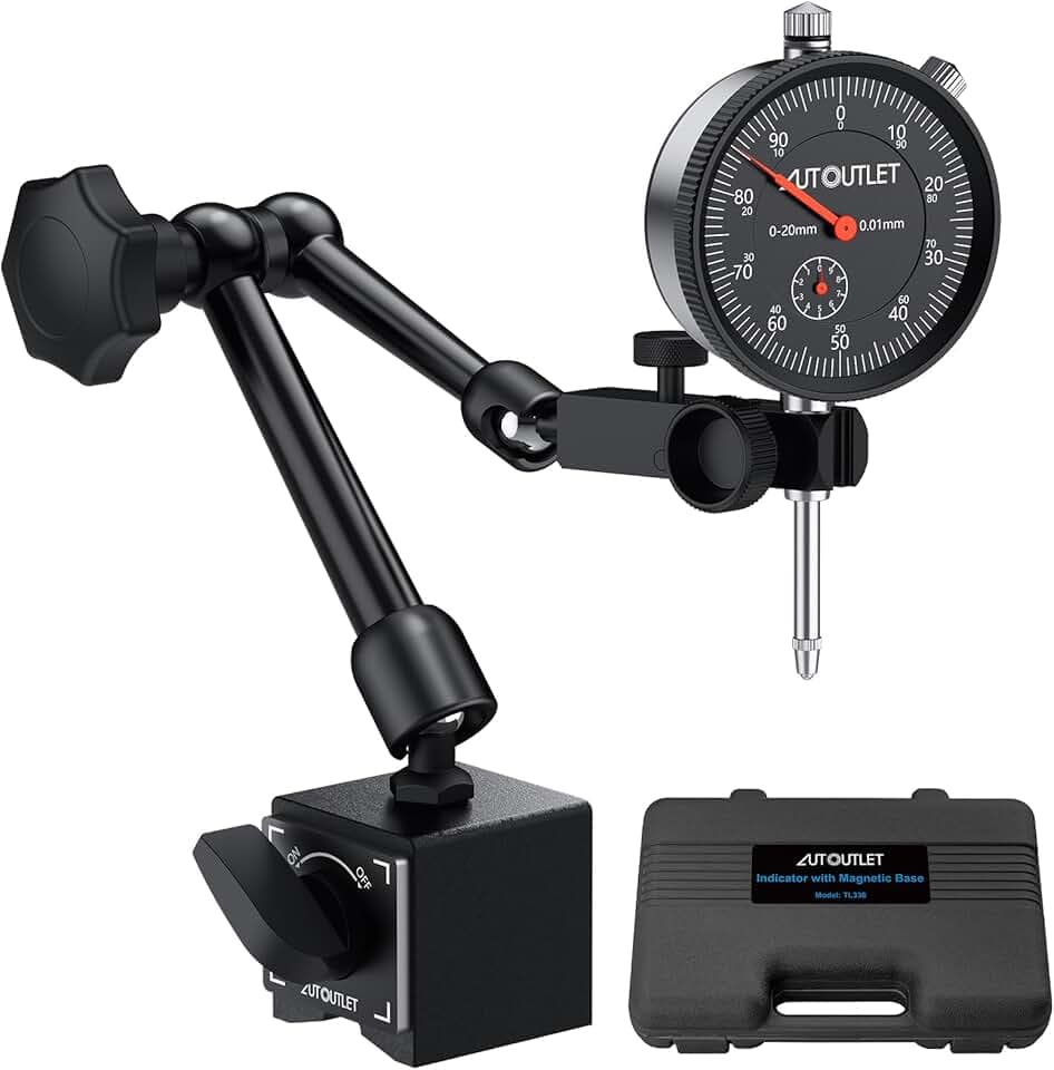 AUTOUTLET Comparateur et pied magnétique avec serrage central de 25 cm, force de traction maximale de 60 kg, plage de mesure de 0 à 20 mm, bouton de mesure, trépied magnétique, support de comparateur Global Recycled Standard