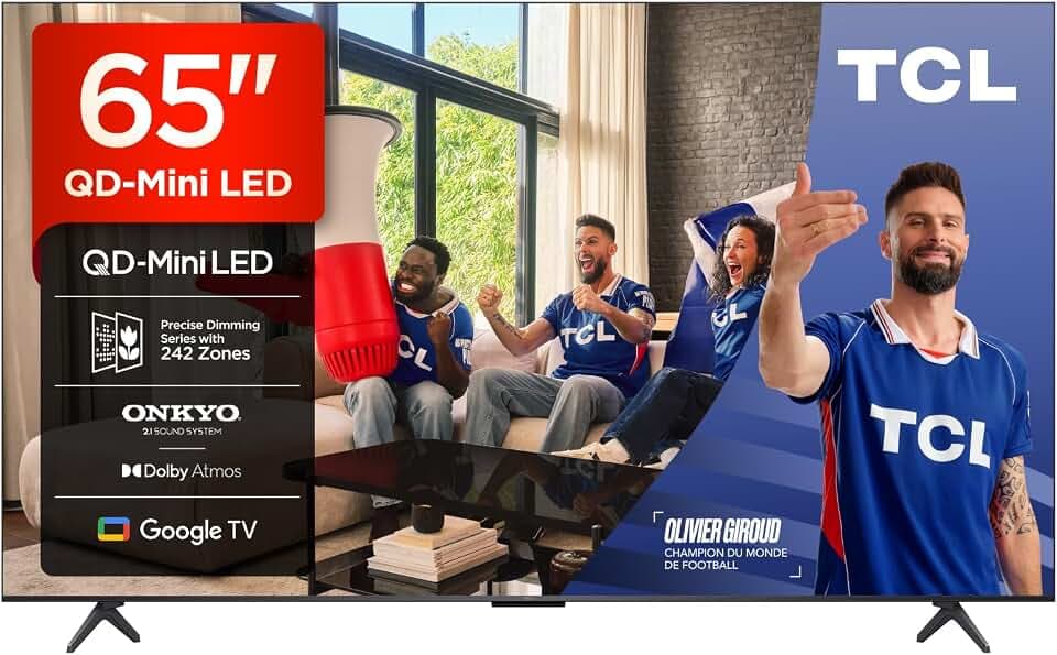 TCL 65Q6C QD-Mini LED TV, 4K HDR Premium 1000nits, Smart TV alimenté par Google (Dolby Vision IQ et Atmos, système Audio Onkyo 2.1, Motion Clarity Pro 144Hz, Game Master, contrôle Vocal Mains Libres) | Dolby Vision IQ & Atmos, 144 Hz Motion Clarity Pro, Game Master, Son Onkyo 2.1, Apple AirPlay 2