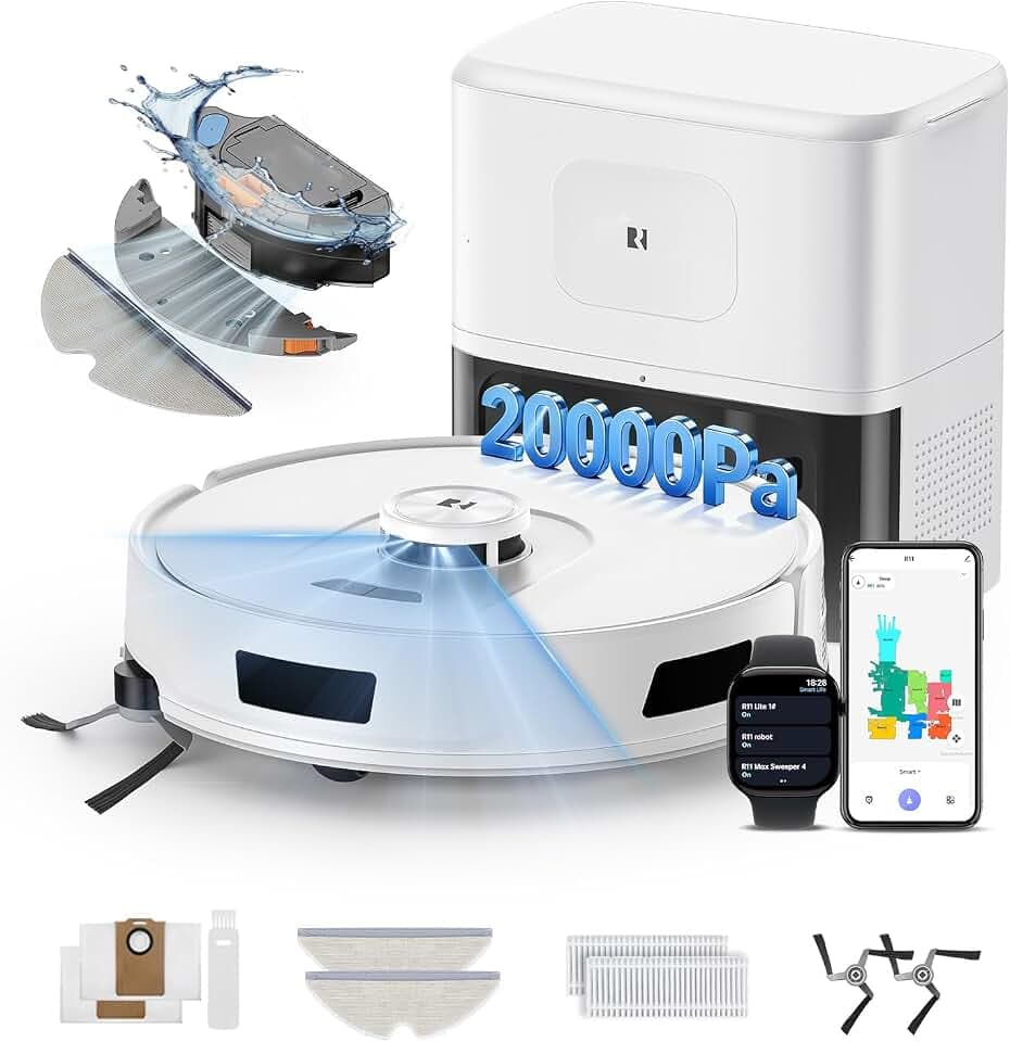R11 Aspirateur Robot Laveur avec Station, 20000Pa, Station de Vidage Automatique 90 Jours, Navigation LiDAR, WiFi APP 5G/2.4G, Robot Aspirateur Laveur Autonome pour Tapis/Sols/Poils d’Animaux