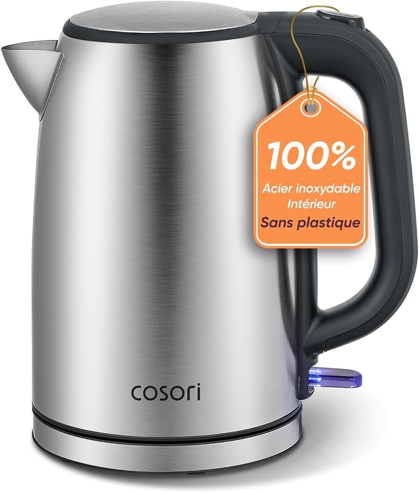 COSORI Bouilloire Électrique Inox, 1,7 L, 2200 W, Sans Plastique, Argent | Sans Plastique au Contact de L'eau, Technologie Strix, Ébullition en 3 Minutes, Large Ouverture, Base Pivotante à 360°