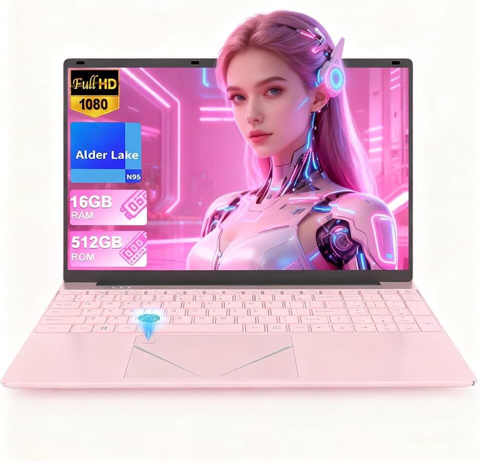 Ordinateur Portable 15,6 Pouces Rose, PC Portable FHD 1920 x 1080, Processeur N95 jusqu’à 3,4 GHz, 16 Go DDR4 RAM, 512 Go SSD, Laptop Léger pour Étudiants, Télétravail, Bureautique et Multimédia