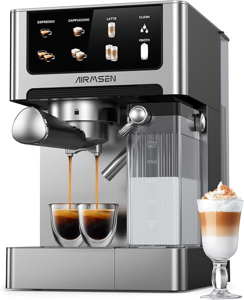 AIRMSEN Machine à Espresso 20 Bar – Cappuccino & Latte Cafetière, Machine a Cafe Double Chaudière (1350W & 1000W), Extraction en 15s, Acier Inoxydable, Amovible Réservoir d'Eau 1,8L, Écran Tactile