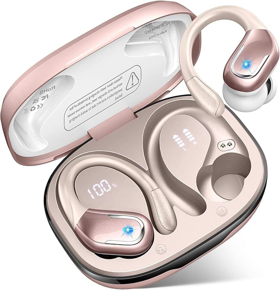 Ecouteurs Bluetooth Sans Fil Sport avec Crochets d'Oreille, 75H Autonomie | Ecouteurs Bluetooth 5.4, Son HiFi 14,2 mm EQ Personnalisée, 4 Mic ENC, IPX8 Étanche, LED Batterie, Anti-Chute pour Running