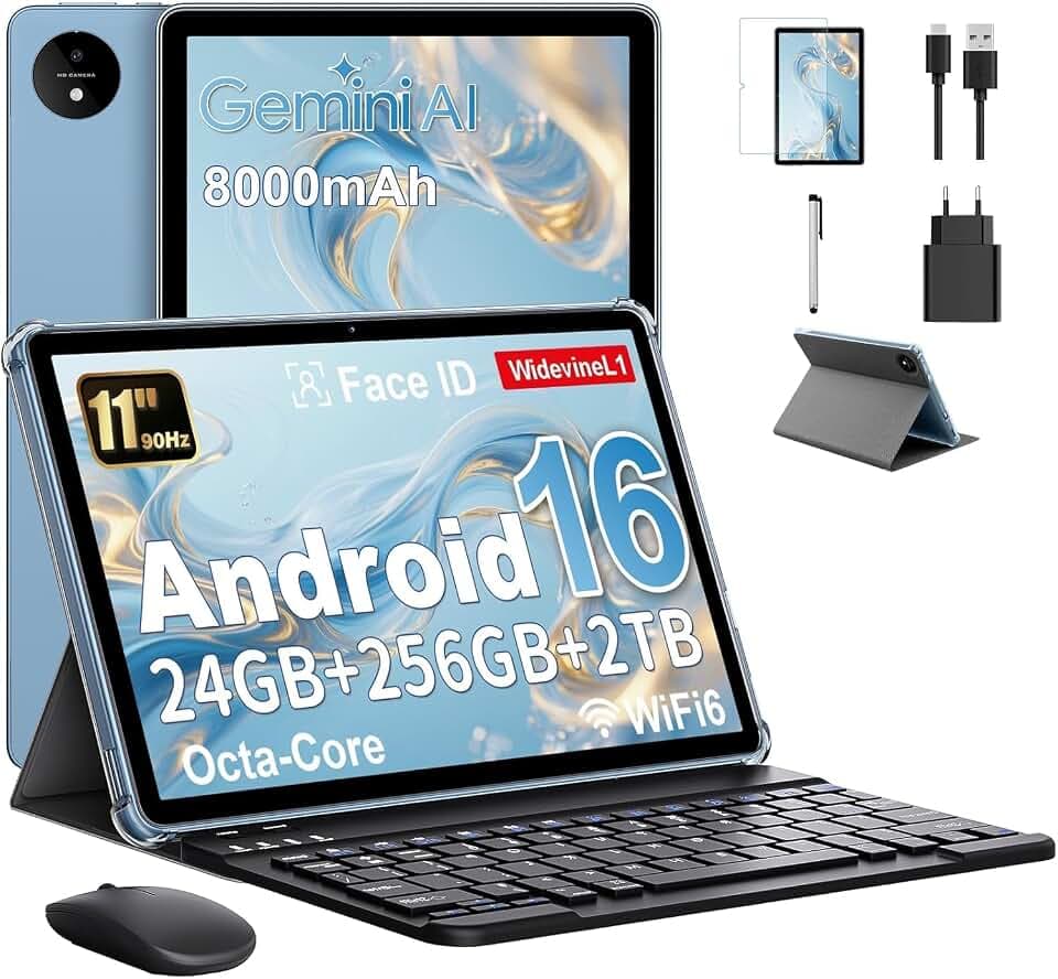 Tablette 11 Pouces avec Gemini AI, Tablette Android 16 avec Coque, Souris & Clavier, Octa-Core, 24 GO RAM + 256 GO ROM + 2 TO TF, 1920x1200 Écran HD, 90 Hz, Caméra Double 8MP + 13MP, 8000 mAh (Bleu)