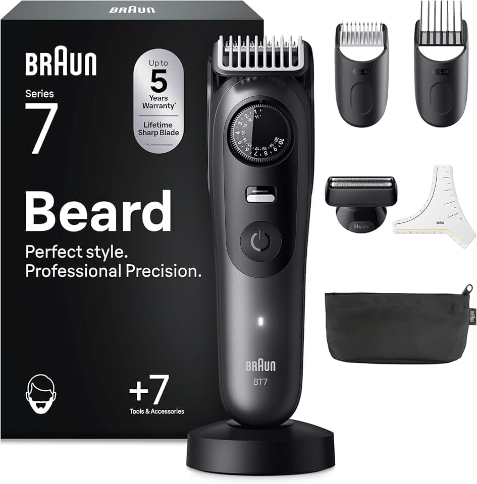 Braun Tondeuse Barbe Homme Series 7 BT7525, Grise – Etanche, sans Fil, Batterie Rechargeable, 40 Longueurs, Lame ProBlade, Coffret avec +7 Outils de Barbier, Emballage en Carton