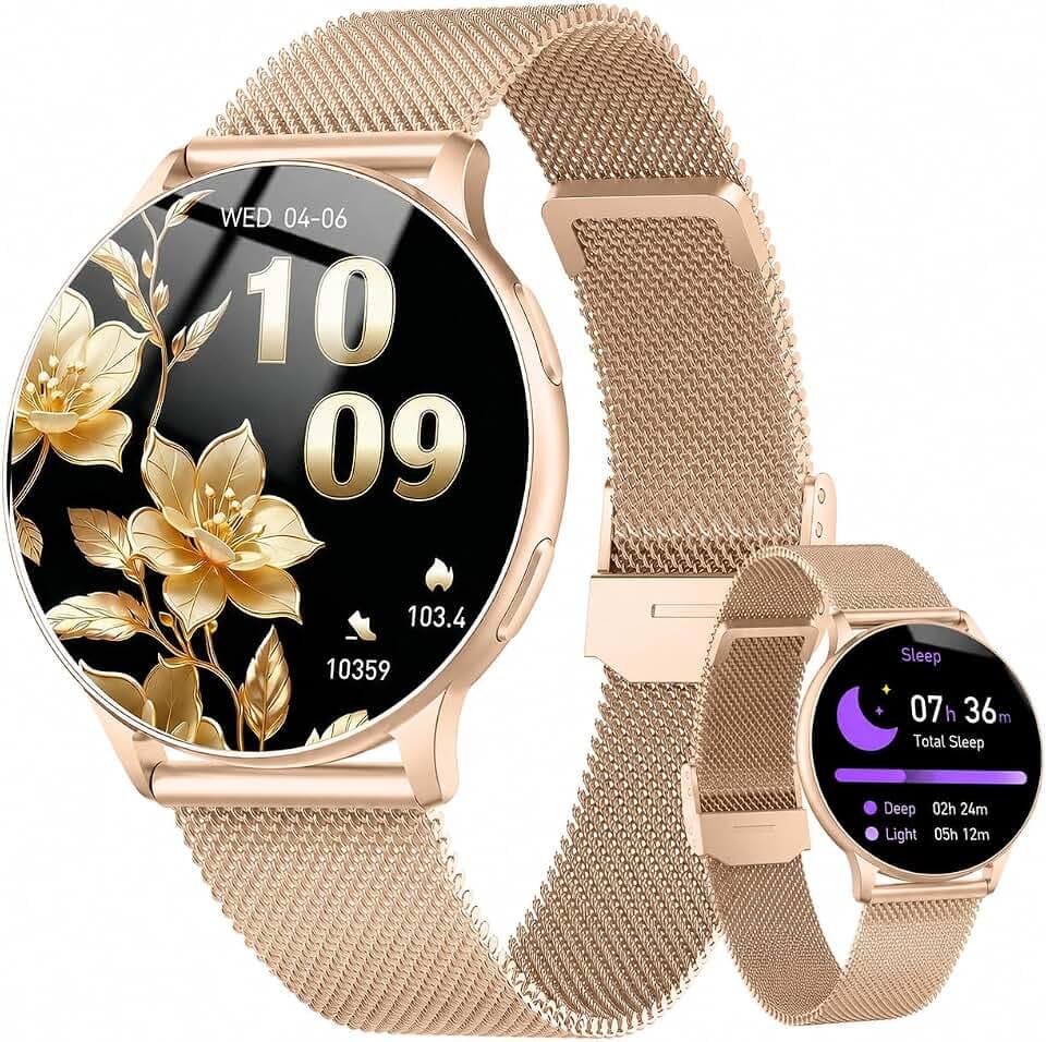Jugeman Montre Connectée Femme, 1.33" Smartwatch avec Appel Bluetooth, Doré | Smartwatch Rond Fréquence Cardiaque/SpO2/Sommeil Montre, 120 Mode+Sportifs Montre, IP68 étanche Fitness Podomètre Android iOS