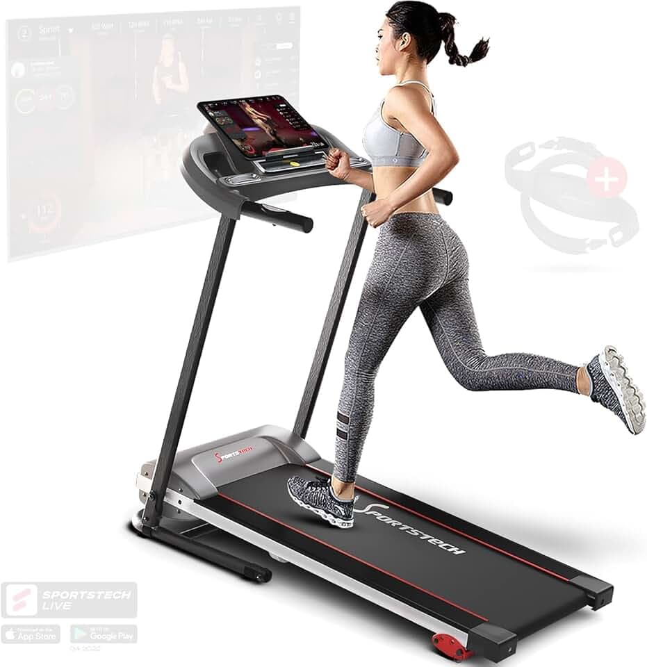 Sportstech F10 - Tapis de Course Pliable, Tapis Roulant, Walking Pad, avec 1 an d'App STL Incluse, Bluetooth,12 Programmes, 10km/h, Cardio, Autolubrification, Silencieux, Multi-Couche, LCD, 120kg Max