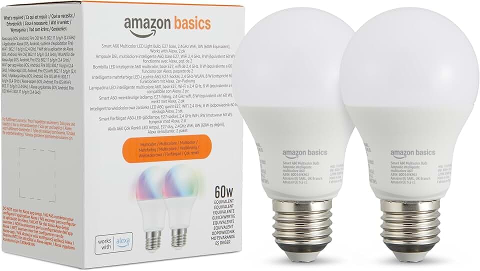 Amazon Basics Smart Ampoule LED multicolore, culot E27, 8W (équivalent 60W), fonctionne avec Alexa uniquement, 2 pièce
