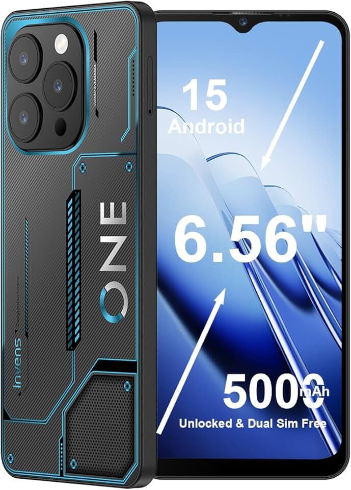 invens Note 12P Téléphone Portable Pas Cher, Écran 6.6" HD+, Caméra 48MP+8MP, Batterie 5000mAh, 16GB RAM 128GB ROM, Android 15 Smartphone débloqués, Double SIM + TF, Face ID/Empreinte, Bleu Cyber
