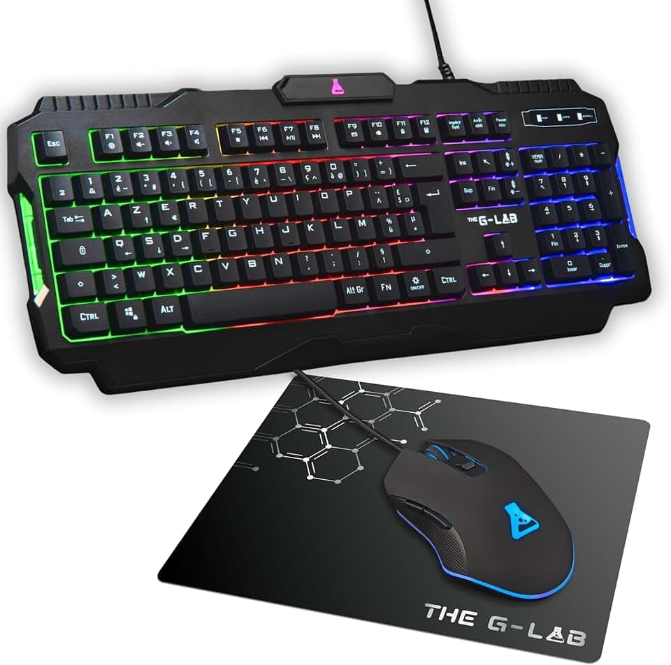 The G-Lab - Combo Hélium - Ensemble Gaming 3 en 1 - Clavier Gamer Azerty Rétroéclairé, Souris Gamer 6400 Dpi, Tapis De Souris Antidérapant - 6 Touches Anti-ghosting - Pack PC/PS4/PS5/XBOX