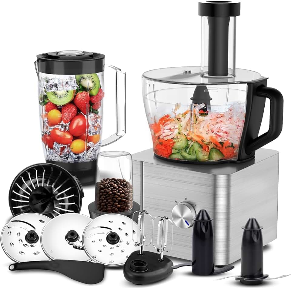 SNDOAS Robot Cuisine Multifonctions, 1100 W Robot Culinaire, Bol Mélangeur 3.2 L, Hachoir Multifonction, Mixeur 1.5 L, Moulin à café, Argent