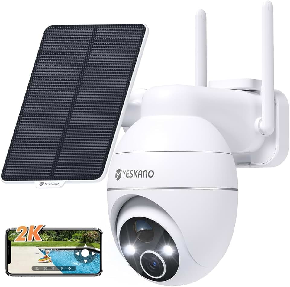 YESKANO 2K Camera Surveillance WiFi Exterieure sans Fil Solaire 360° PTZ Caméra Exterieur Solaire Batterie 2,4 GHz, Vision Nocturne Couleur, Détection PIR, Audio Bidirectionnel (Blanc) Global Recycled Standard