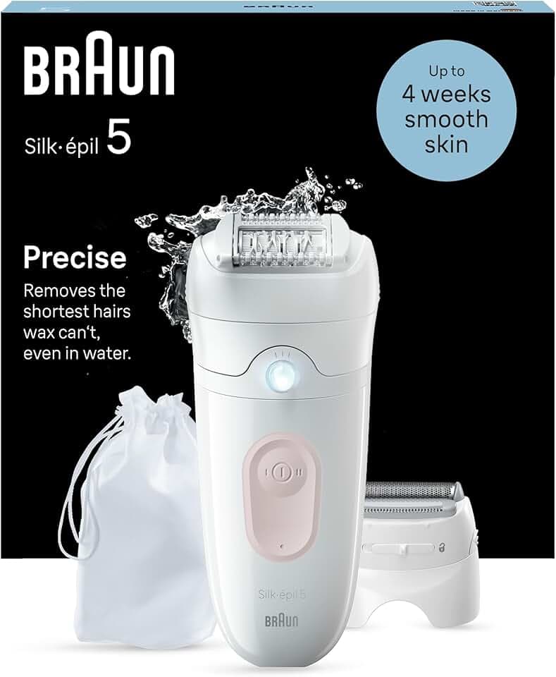 Braun Silk-épil 5, Épilateur Pour Épilation Facile, Étanche, Peau Douce Longue Durée, Avec Tête De Rasoir Pour Femmes Et Sabot Tondeuse, 5-030, Blanc/Rose GreenCircle Certified: Certified Energy Savings