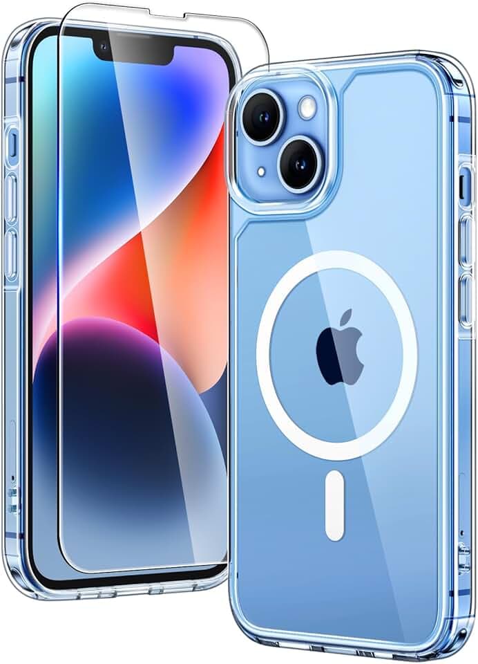 TAURI Coque Magnétique pour iPhone 13/iPhone 14 avec Protection écran, [Compatible avec MagSafe] Protection Anti-Choc Mince et Anti-Chute - Transparent Global Recycled Standard
